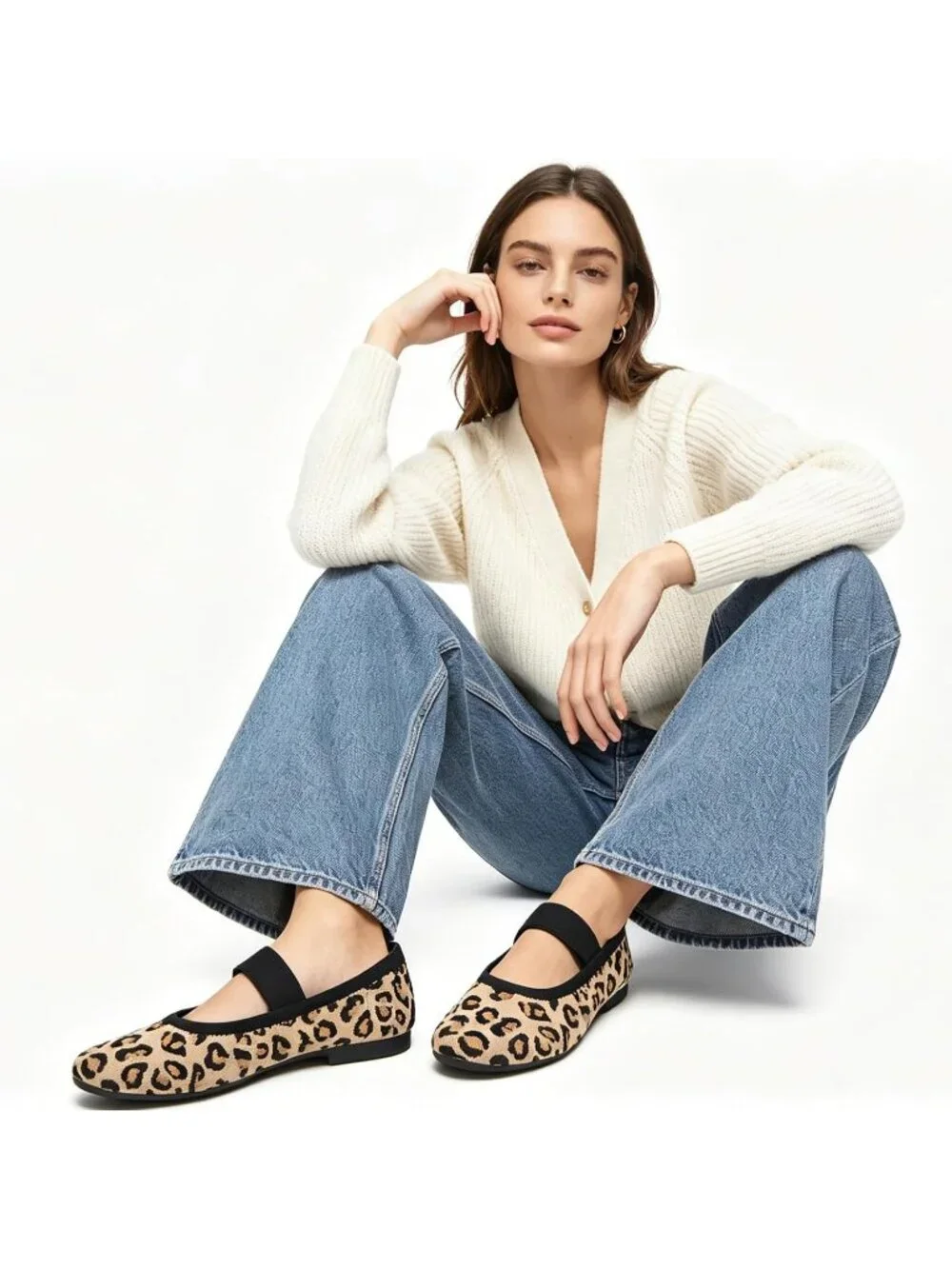 Women's Leopard Knit Round Toe Ballet Flat Elastic Strap Slip On Comfort Shoes